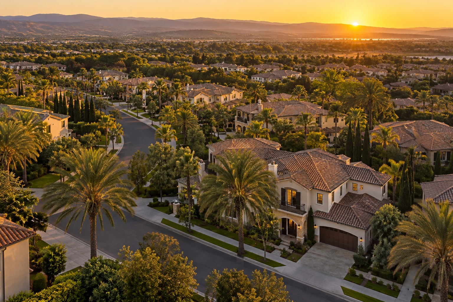 An Irvine, California master-planned neighborhood at sunset