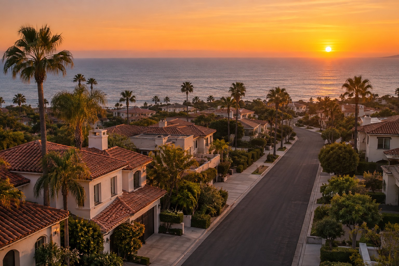 A coastal Orange County street at sunset, illustrative