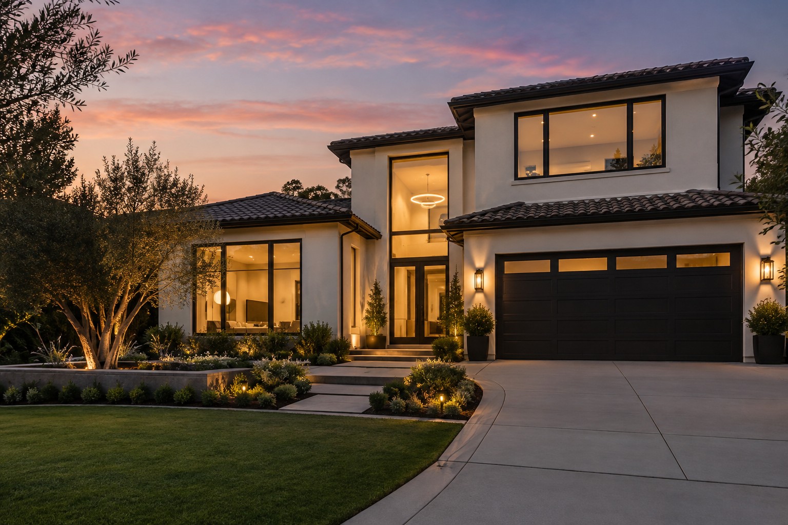 A modern Orange County home exterior at dusk, illustrative