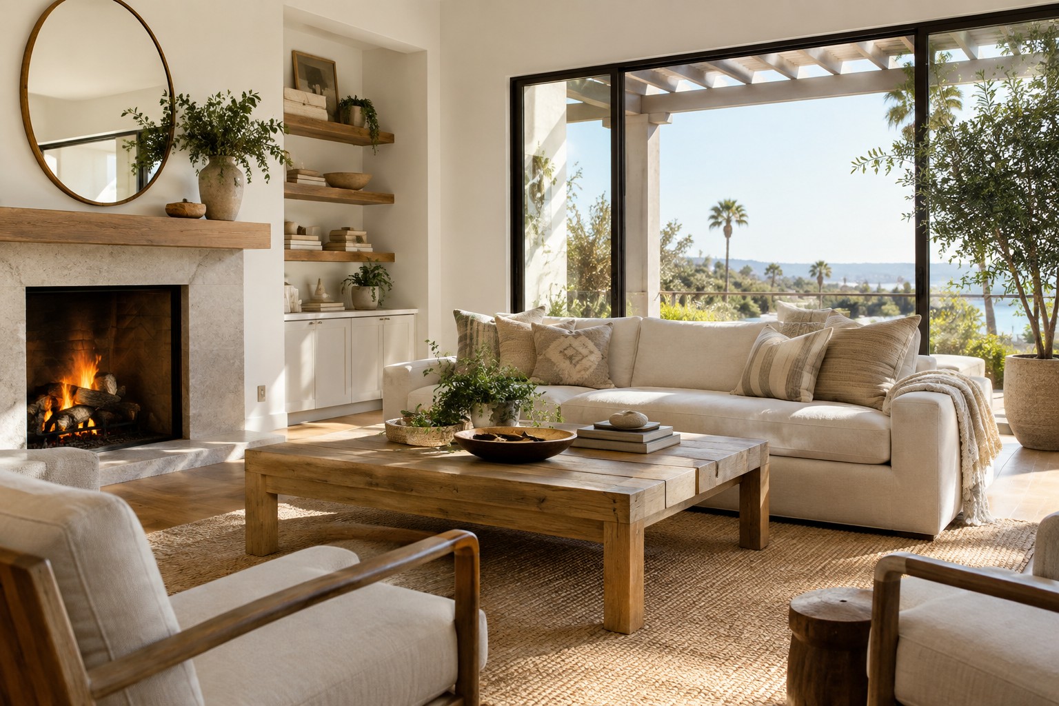 A cozy Orange County living room, illustrative